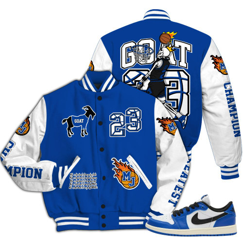 Dunkare Low Game Royal 1s Varsity Jacket, 23 G.0.A.T Jump Up Basketball All Over Print Letterman Jackets