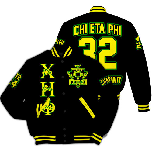 Ireishprint Chi Eta Phi Custom Chapter Varsity Jacket, Personalized Black Lemon Yellow Varsity Jacket Chi Eta Phi Sorority Jacket