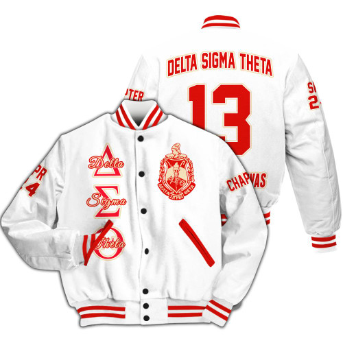Ireishprint Delta Sigma Theta Custom Chapter Varsity Jacket, Personalized White Crimson Varsity Jacket Delta Sigma Theta Since 1913 Sorority Jacket
