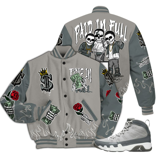 Dunkare Cool Grey 9s Varsity Jacket, Everybody Paid In All Over Print Letterman Jackets