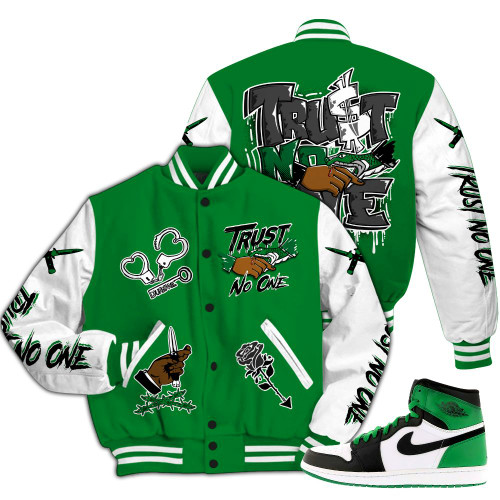 Dunkare Lucky Green 1s Varsity Jacket, Trust No One Dripping All Over Print Letterman Jackets