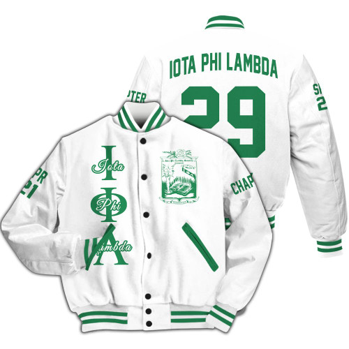 Ireishprint Iota Phi Lambda Custom Chapter Varsity Jacket, Personalized White Varsity Jacket Iota Phi Lambda Sorority Jacket