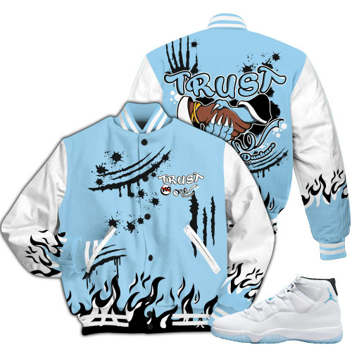 Dunkare Legend Blue 11s Varsity Jacket, Graphic Trust No One All Over Print Letterman Jackets