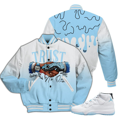 Dunkare Legend Blue 11s Varsity Jacket, Trust No One Drip Streetwear All Over Print Letterman Jackets