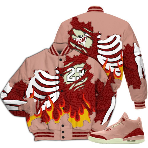 Dunkare Valentines Day 3s Varsity Jacket, Burning Skeleton 23 G.O.A.T All Over Print Letterman Jackets