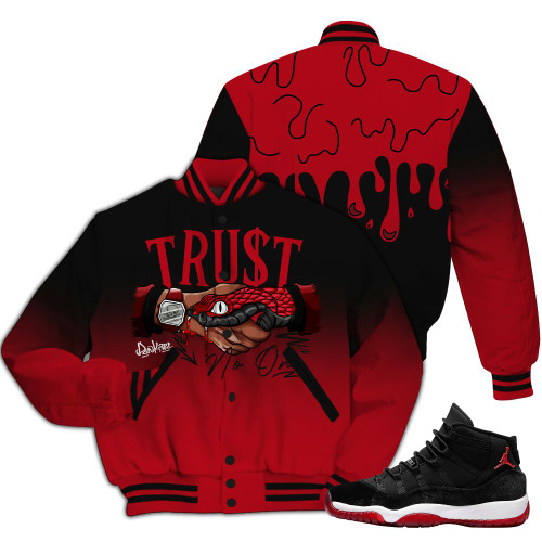 Dunkare Bred Velvet 11s Varsity Jacket, Trust No One Drip Streetwear All Over Print Letterman Jackets