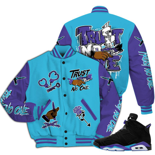Dunkare Retro Aqua 6s Varsity Jacket, Trust No One Dripping All Over Print Letterman Jackets