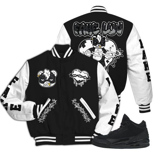Dunkare Black Cat 3s Varsity Jacket - False Romance Hugz All Over Print Letterman Jackets
