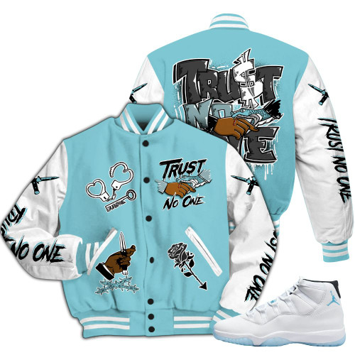 Dunkare Low Legend Blue 11s Varsity Jacket, Trust No One Dripping All Over Print Letterman Jackets