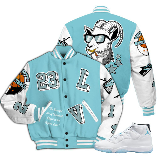 Dunkare Low Legend Blue 11s Varsity Jacket, The GOAT Got Em Streetwear All Over Print Letterman Jackets