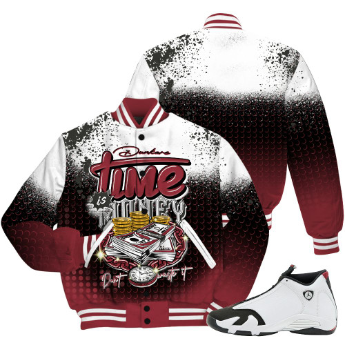 Dunkare Black Toe 14s Shirt, Halftone Time Is Money All Over Print Baseball Varsity Jacket