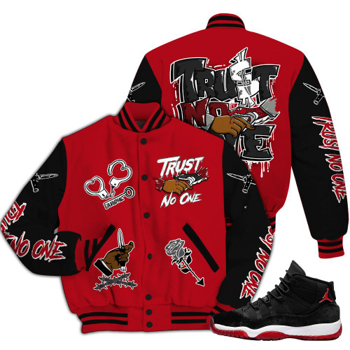 Dunkare Bred Velvet 11s Varsity Jacket, Trust No One Dripping All Over Print Letterman Jackets