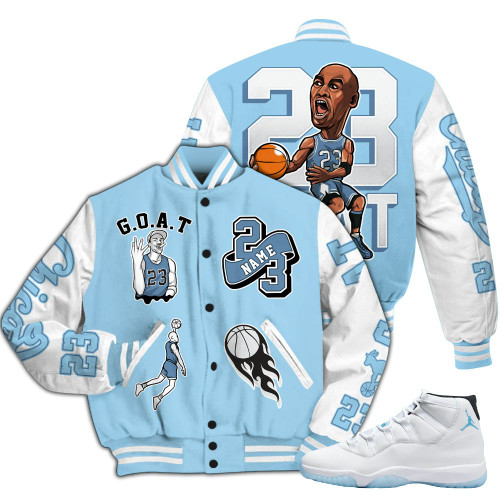Dunkare Legend Blue 11s Varsity Jacket - Legend GOAT Basketball Varsity Jacket Graphic Custom Name All Over Print Letterman Jackets