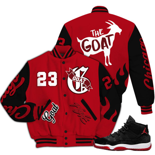 Dunkare Bred Velvet 11s Varsity Jacket, The G.O.A.T Flight Streetwear All Over Print Letterman Jackets