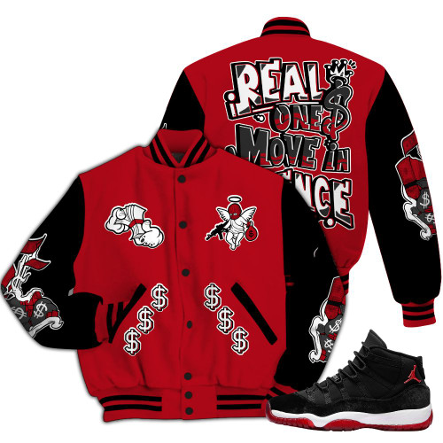 Dunkare Bred Velvet 11s Varsity Jacket - Ones Move In Silence Graphic All Over Print Letterman Jackets