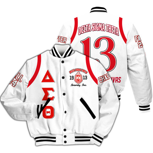 Ireishprint Delta Sigma Theta Custom Chapter Varsity Jacket, Delta Sigma Theta Crimson Shoulder Line White Jacket 1913 Sorority Jacket