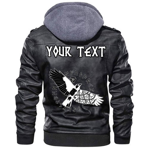 (Custom) Wonder Print Shop - Flying Black Raven In Circle Of Scandinavian Runic Symbols Leather Jacket RLT12