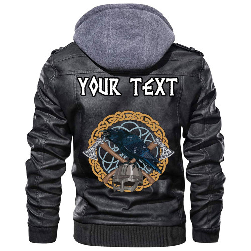 (Custom) Wonder Print Shop - Black Crow Sitting On Helmet With Two Crossed Axes Leather Jacket RLT12
