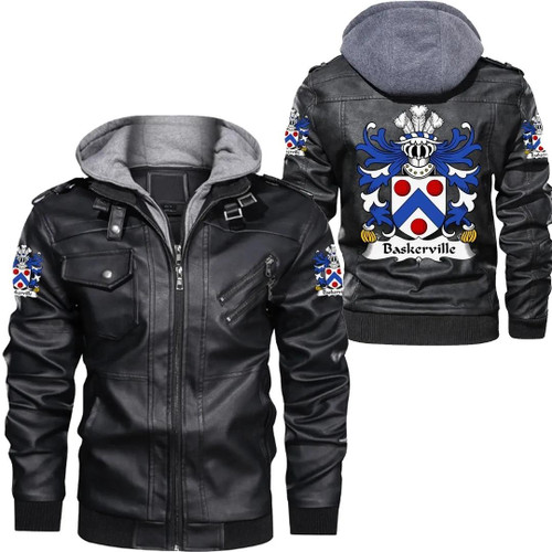Baskerville (of Eardisley, Herefordshire) Wales Zipper Leather Jacket - Welsh Family Crest A7