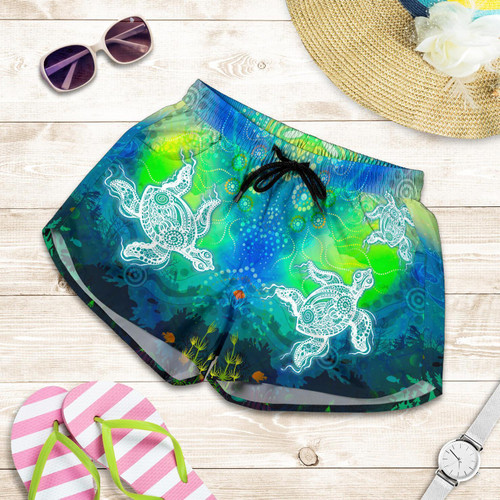 Aboriginal Womens Shorts - Indigenous Turtle Ocean Dot Painting Art