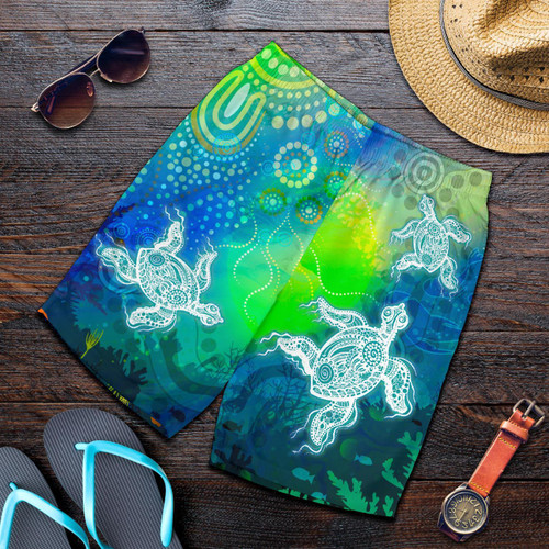 Aboriginal Mens Shorts - Indigenous Turtle Ocean Dot Painting Art