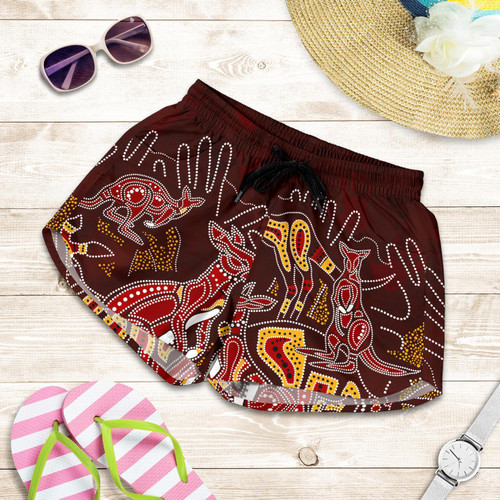 Aboriginal Womens Shorts - Kangaroo family with Hand Art