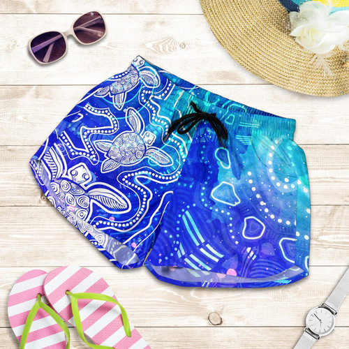 Aboriginal Women Shorts - Sea Turtle With Indigenous Patterns (Blue)