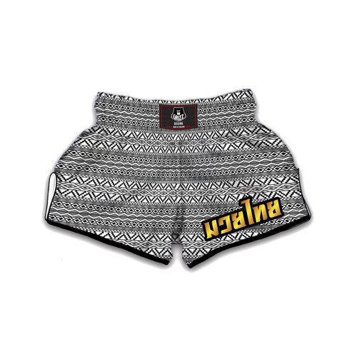 African Ethnic White And Black Print Muay Thai Boxing Shorts