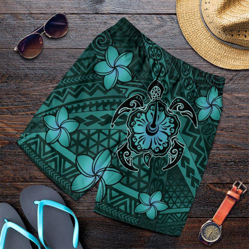 Alohawaii Short - Hawaii Mix Polynesian Turtle Plumeria Mens Shorts - AH - Nick Style - Turquoise - J5C