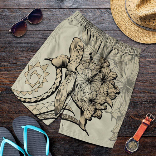 Alohawaii Short - Hawaii Turtle Hibiscus Polynesian Vintage Mens Shorts - Beige - AH - J4C