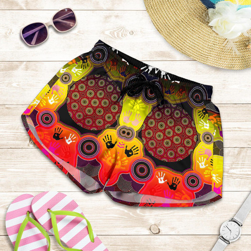 Aboriginal Womens Shorts, Indigenous Circle Dot Painting Hand Art
