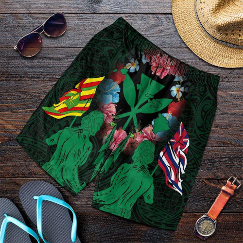 Alohawaii Short - Hawaii Map Kanaka Two Men Holding Flag Mens Shorts Green - AH - J5C