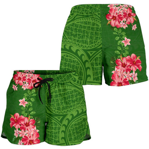 Alohawaii Short - Hawaii Tropical Flower Polynesian Womens Shorts - Curtis Style - Green - AH - J2