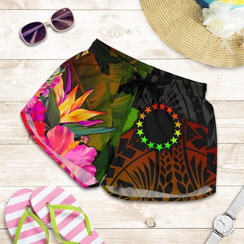 Alohawaii Short - Cook Islands Polynesian Womens Shorts - Hibiscus and Banana Leaves - BN15