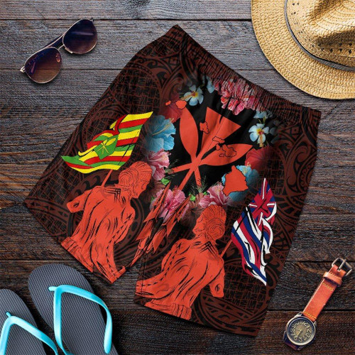 Alohawaii Short - Hawaii Map Kanaka Two Men Holding Flag Mens Shorts Orange - AH - J5C