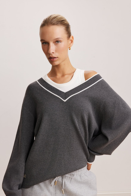 Olly V Neck Sweater- Dark Grey/Marshmellow