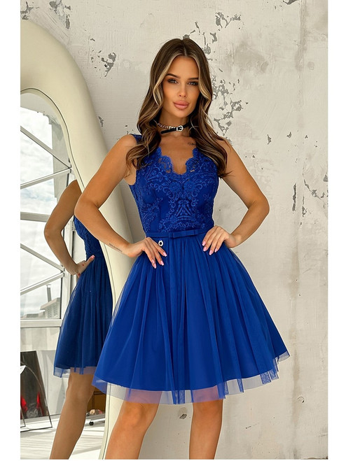 Plunge Neckline Dress with Tulle Bottom - Royal Blue