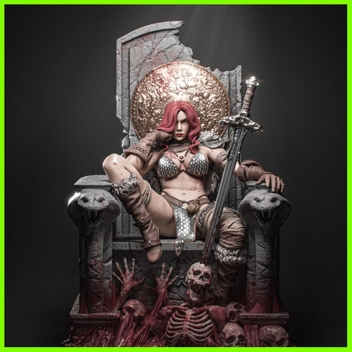 Red Sonja on Throne Statue - STL File 3D Print - maco3d