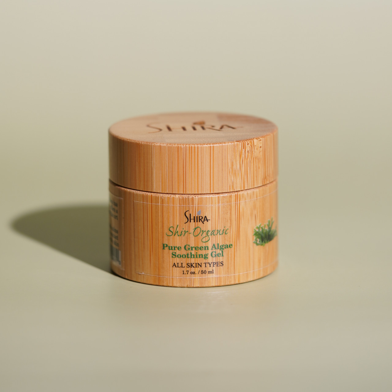 Pure Green Algae Soothing Gel by Shira with Green Background