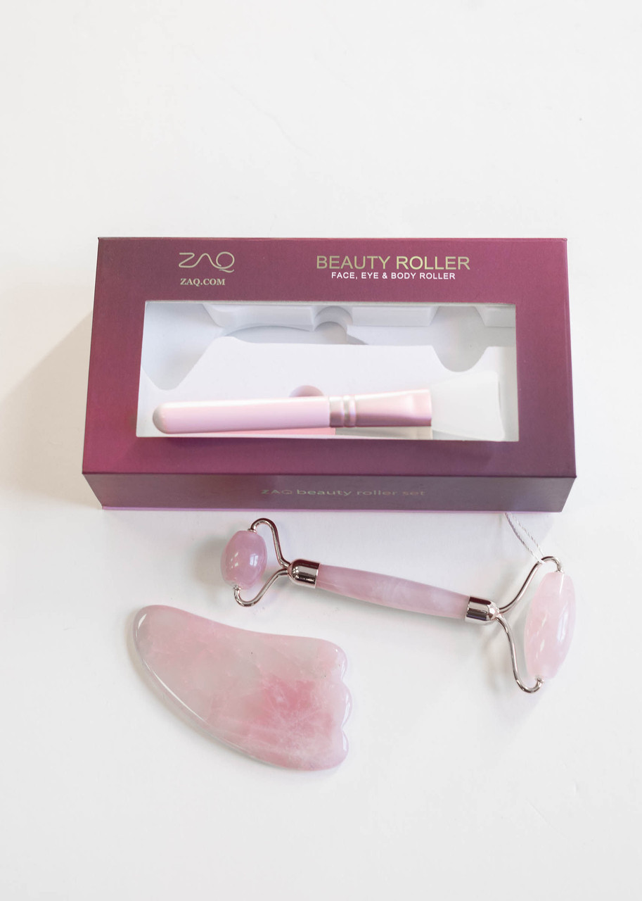 Rose Quartz Facial Roller, Gua Sha Board  + Brush Set Flat Lay