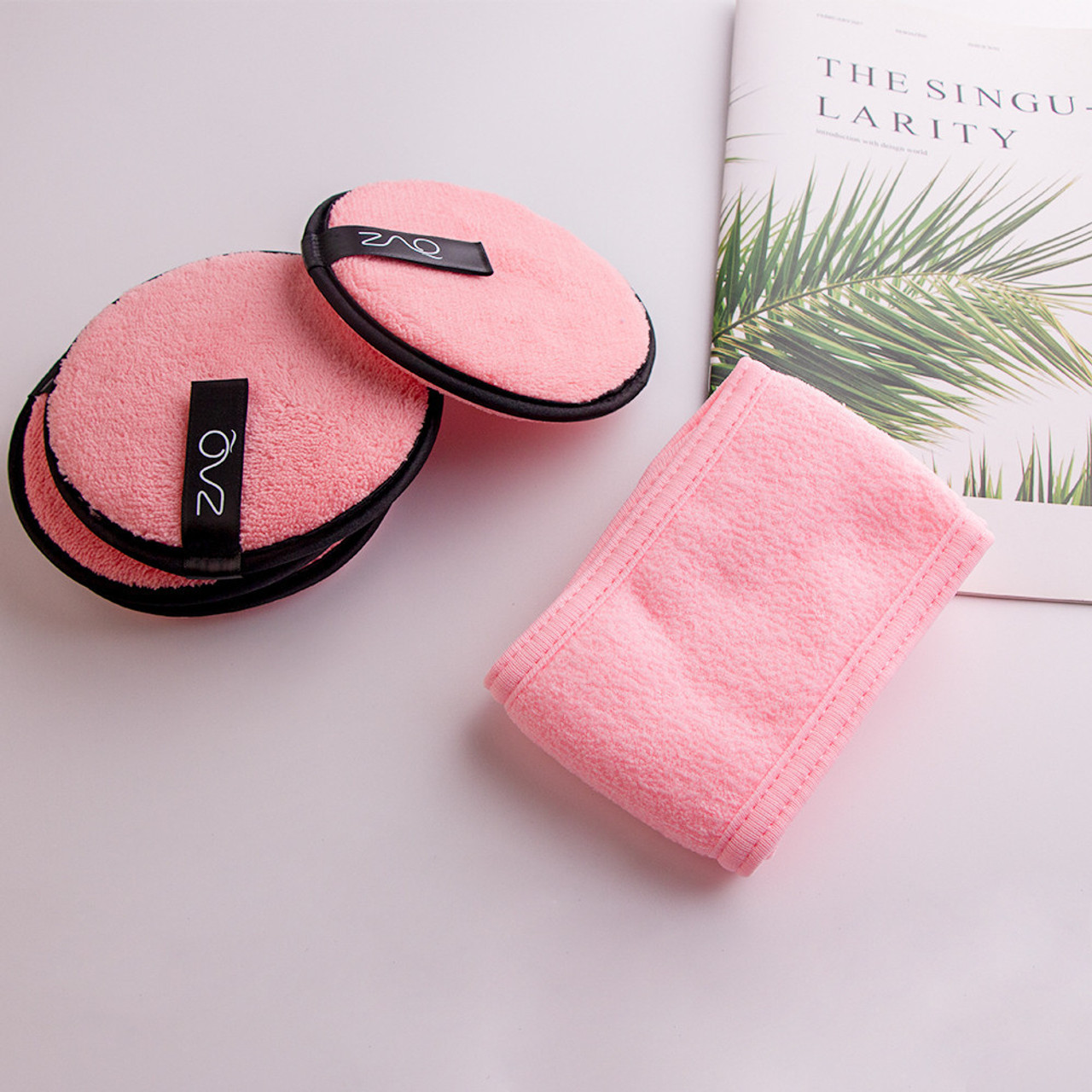 WHOLESALE ZAQ Microfiber Makeup Remover Cleansing Puff & Headband-Pink