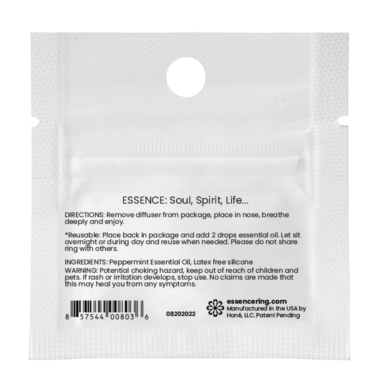 Essence Peppermint Essential Oil Infused Wearable Diffuser Back Packaging