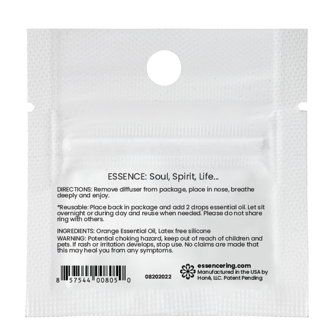 Essence Orange Essential Oil Infused Wearable Diffuser Back Packaging
