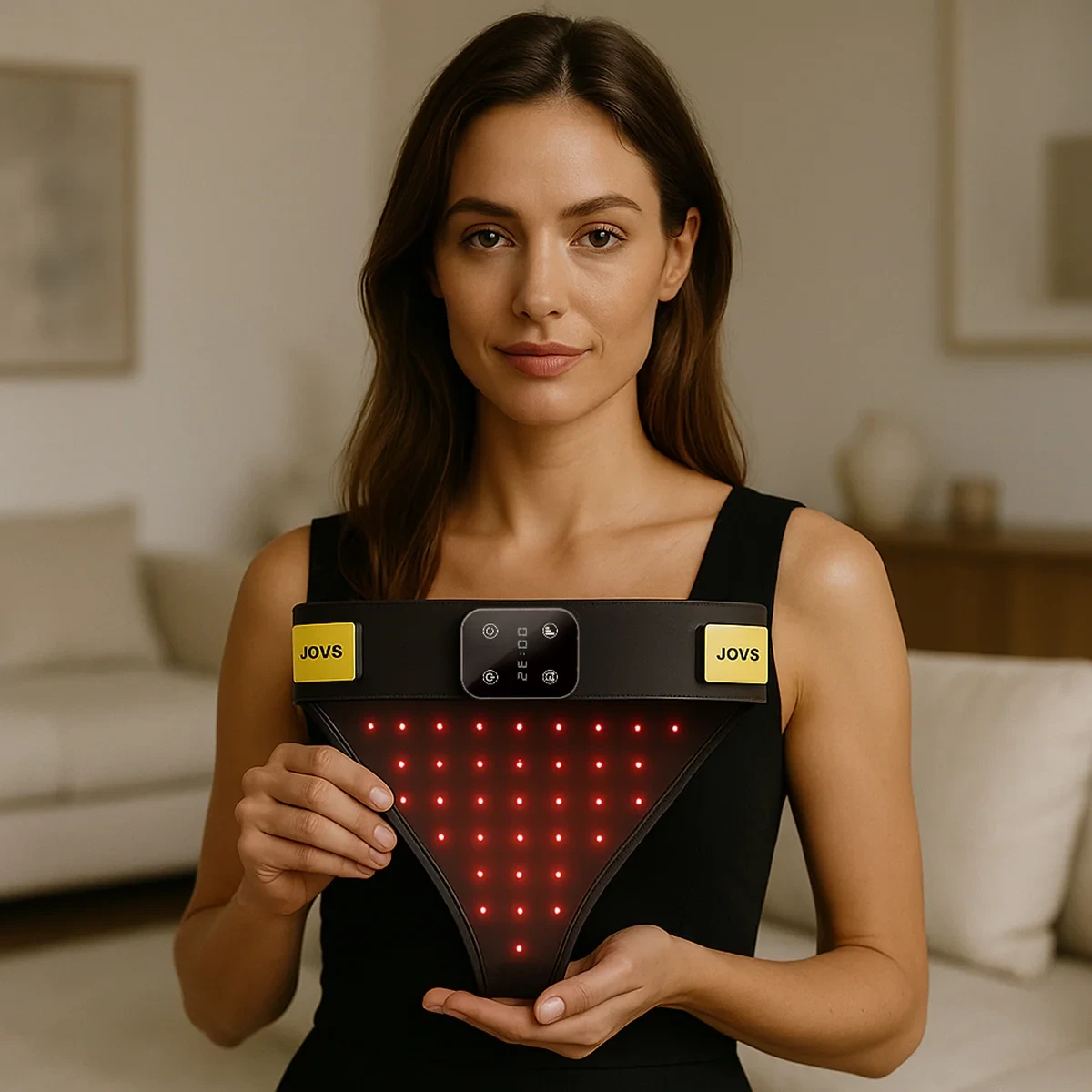 Model holding Jovs red light underwear