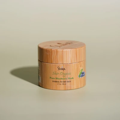 Pure Blueberry Mask by Shira for retail with light green background