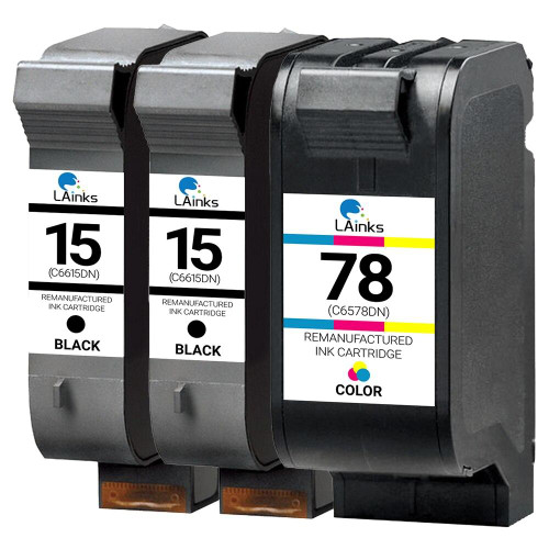 LAinks Replacement for HP 15 and 78 C6615DN/C6625AN Ink Cartridges 3PK - 2 Black, 1 Color HP_2-15_1-78-3PK