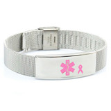 MD-413 Lymphedema Alert No BP Pink Ribbon Stainless Steel Mesh Bracelet
