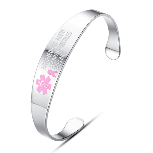 Lymphedema Alert No BP IV Medical ID Pink Ribbon SILVER  Cuff Bracelet