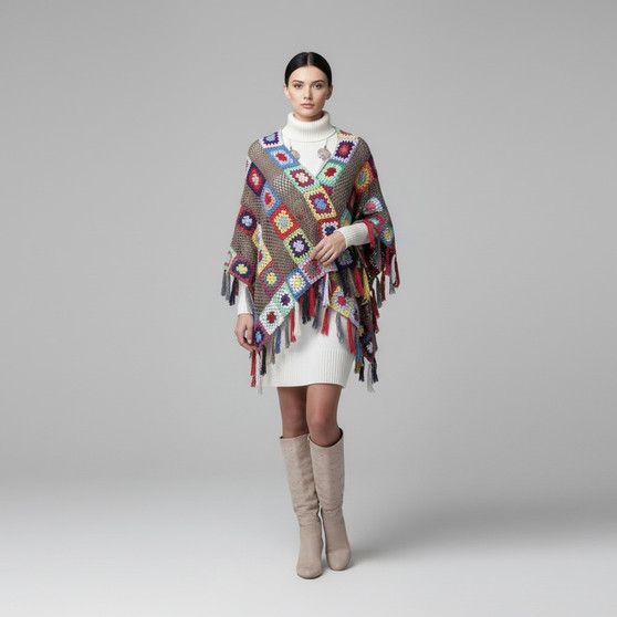 Multicolor granny square shawl