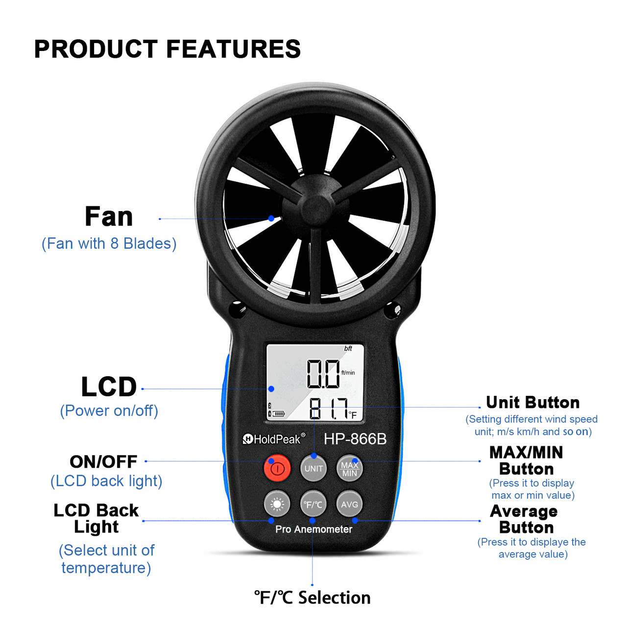 Holdpeak 866B Anemometer,Wind Speed Meter